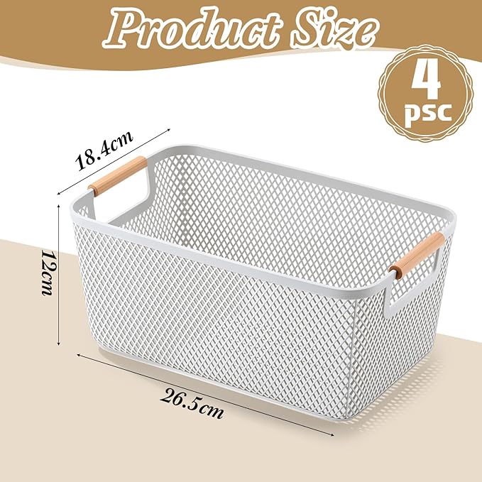 4 Pcs Plastic Mesh Baskets with Handles - Mesh Storage Organizer Bin Container Baskets for Home Organizing Pantry Closet Cabinet Kitchen Fridge Fruit Snacks Gifts, Grey(Small)