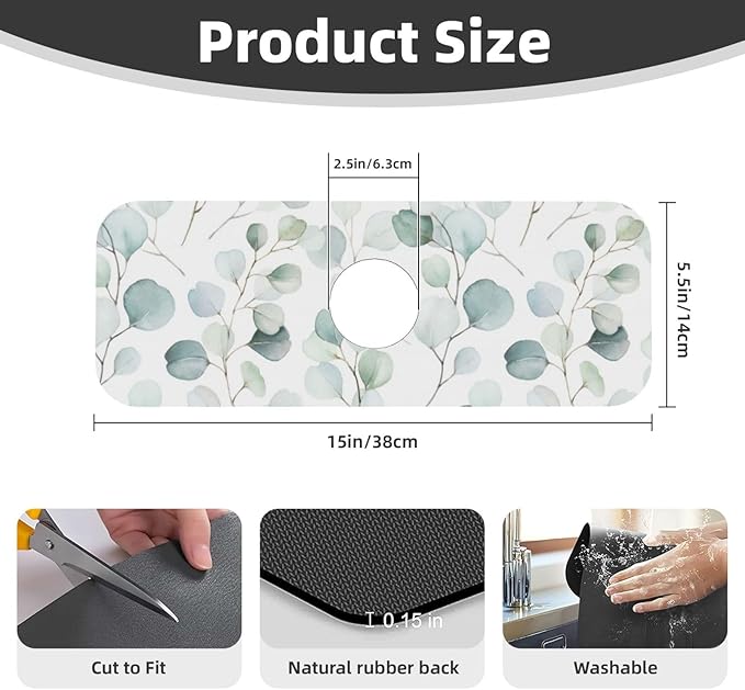 Sage Green Leaves Watercolor Branch Plant Kitchen Sink Splash Guard Faucet Mat 1 Pcs, Absorbent Fast Drying Mat Gadgets Splash Guard For Bathroom 15 X 5.5 Inches