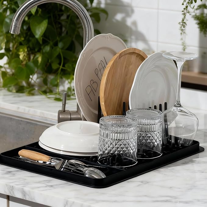 15.75"x11.18" Silicone Dish Drying Mat for Kitchen Counter, Quick Dry Dish Mat with Dish Rack and Dual-Sided Independent Zones, Multiple Usage Kitchen Mat with Hanging Hook for Home (Black)