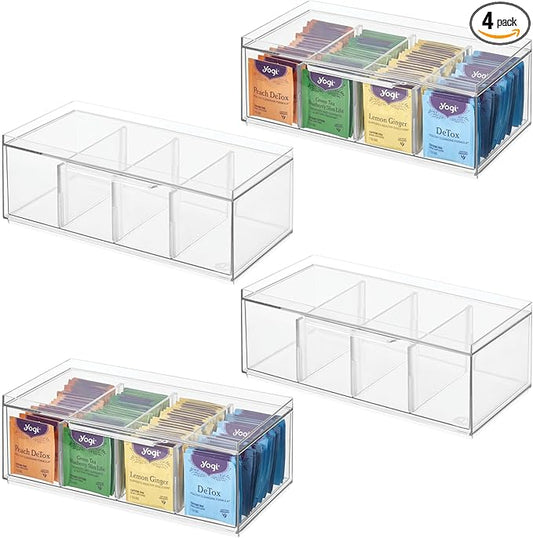 iDesign Stackable 4-Section Tea Storage Drawers - Tea Bag Organizers for Cabinet or Countertop - Set of 4 - Clear