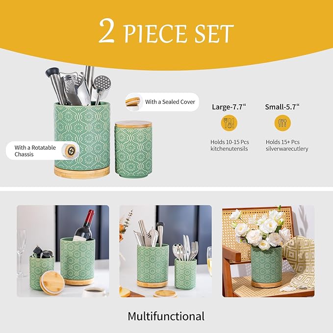TEATALK Utensil Holder Set of 2, 7.7"+5.7" Ceramic Kitchen Utensil Holder for Countertop, Farmhouse Vintage Utensil Crock for Cooking Utensils, Large Utensil Organizer (Green)