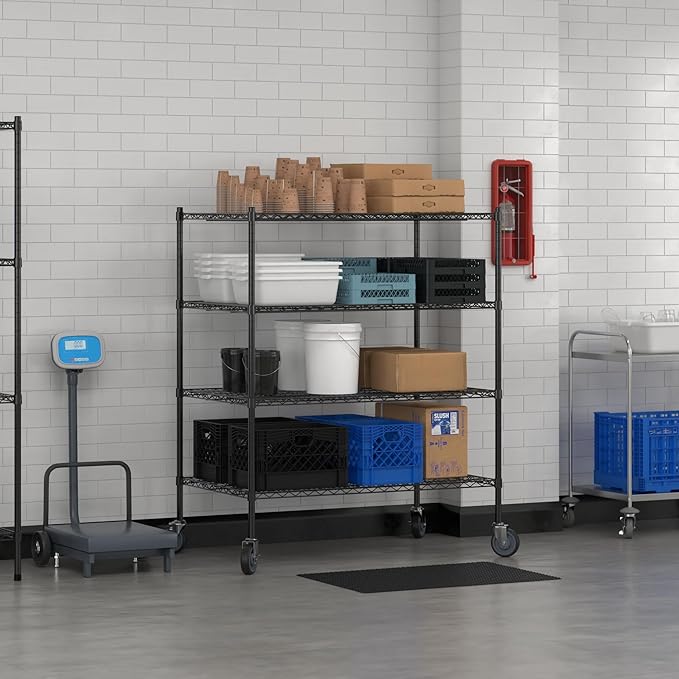 Commercial NSF Listed Black Epoxy Mobile Wire Shelving Kit 30" x 48" x 60", with 4 Shelves Perfect for Warehouse, Walk-in Refrigerator, Freezer, Grocery Store, Restaurant, Dishroom