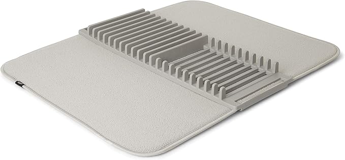 Umbra UDRY Rack and Microfiber Dish Drying Mat-Space-Saving Lightweight Design Folds Up for Easy Storage, Large, Light Grey
