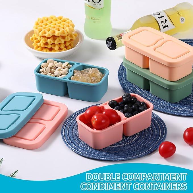 2 Pack Silicone Snack Containers with Lids, 6.8 Oz Double Compartment Food Storage Containers for Picnic, School, Office, Travel Meal Prep and Kitchen Storage