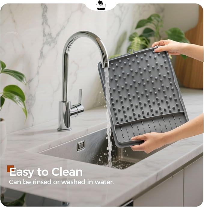 15.75"x11.18" Silicone Dish Drying Mat for Kitchen Counter, Quick Dry Dish Mat with Dish Rack and Dual-Sided Independent Zones, Multiple Usage Kitchen Drying Mat with Hanging Hook for Home