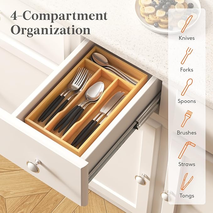 Lifewit Silverware Drawer Organizer, Utensil Tray for Kitchen, 4 Slot Flatware and Cutlery Holder, Storage for Spoons Forks Knives, Natural