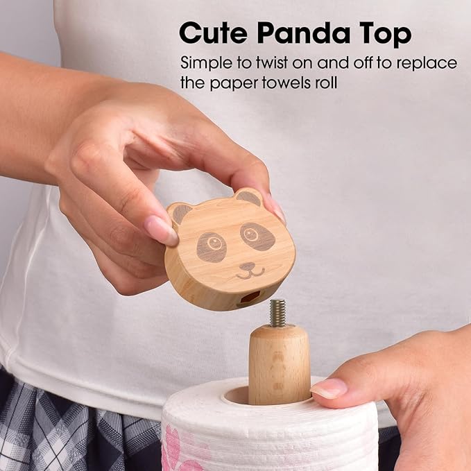 KitchLife Cute Wooden Paper Towel Holder Countertop - Solid Freestanding Paper Towel Dispenser Stand Organizer with Anti-Skid Base (Panda)