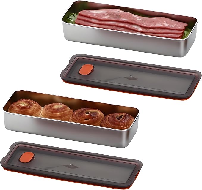 Verveia 2Pack Food Storage Container,Deli Meat Container with Lid,Bacon Container for Refrigerator,304 Stainless Steel Bacon Storager,Cheese Holder for Fridge,Dishwasher Safe Fruit Storage Containers