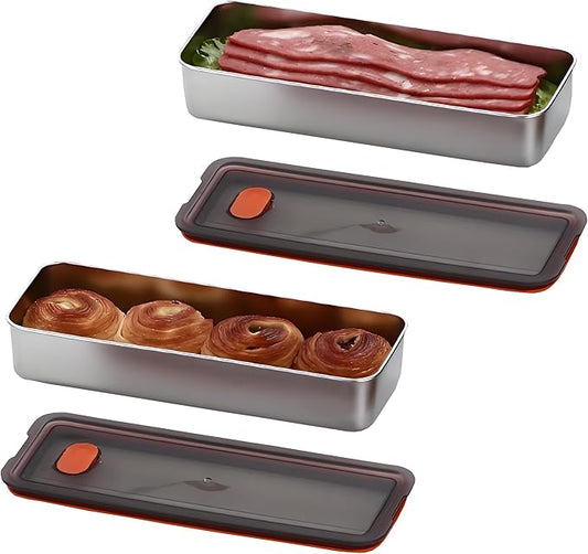 Verveia 2Pack Food Storage Container,Deli Meat Container with Lid,Bacon Container for Refrigerator,304 Stainless Steel Bacon Storager,Cheese Holder for Fridge,Dishwasher Safe Fruit Storage Containers