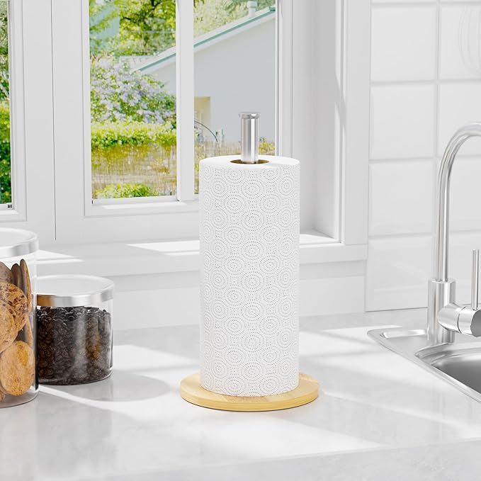 Paper Towel Holder Countertop, Weighted Wooden Base, Stainless Steel, FreeStanding, Easy Install, Durable, Ideal for Home,RV,Bathroom,Farmhouse Essentials Decor Accessories (Sliver)