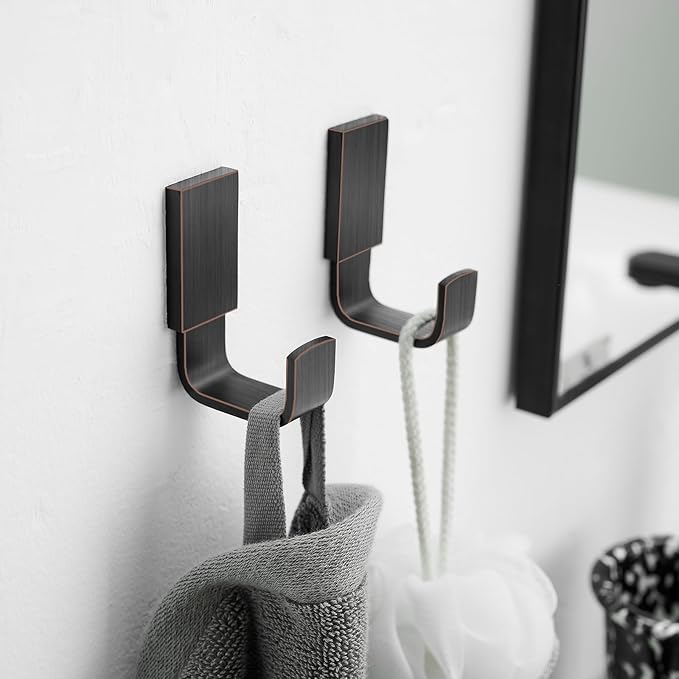 BESy Brass Clothes Hook Single Towel Hook for Bathroom Kitchen Garage Square Style Robe Hooks Coat and Hat Hook, Self Adhesive or Wall Mounted with Screws, Two Packs, Oil Rubbed Bronze
