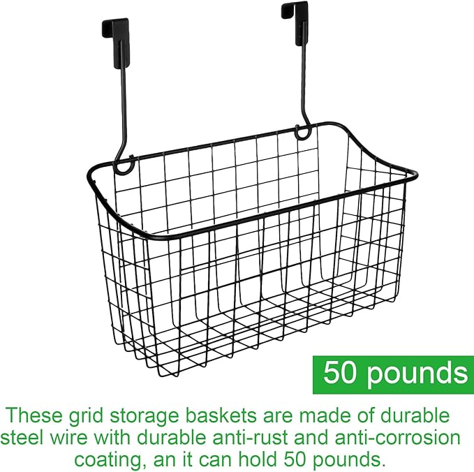 4PCS Over the Cabinet Basket, Over Cabinet Door Organizer, Grid Storage Baskets with Hooks, Metal Hanging Basket Kitchen Storage Organizer Holder for Pantry, Bathroom, Black, 11x9.2x4.3’’