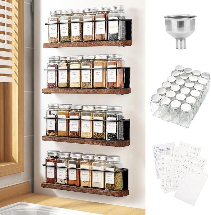 KitHero Magnetic Spice Rack with 24 Jars, 216 Labels, 1 Steel Funnel for Refrigerator，Microwave Oven - Full Set of Spice Organizer
