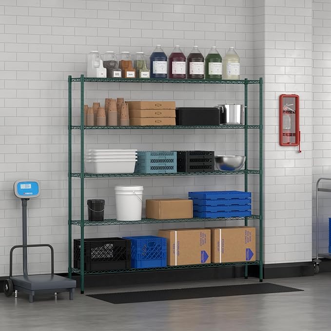 Commercial NSF Listed Green Epoxy Stationary Wire Shelving Kit 12" x 72" x 74", with 5 Shelves Perfect for Warehouse, Walk-in Refrigerator, Freezer, Grocery Store, Restaurant, Dishroom