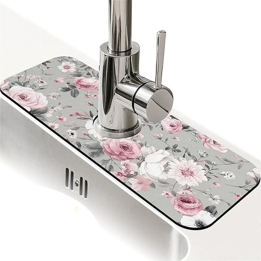 Kitchen Sink Splash Guard，Gray and pink floral Faucet Mat Sink Gadgets-Super Absorbent Fast Drying Mat Drip Catcher for Kitchen, Bathroom,Sink Mat, Dish Drying Mat, Bathroom(15" X 5.5" )