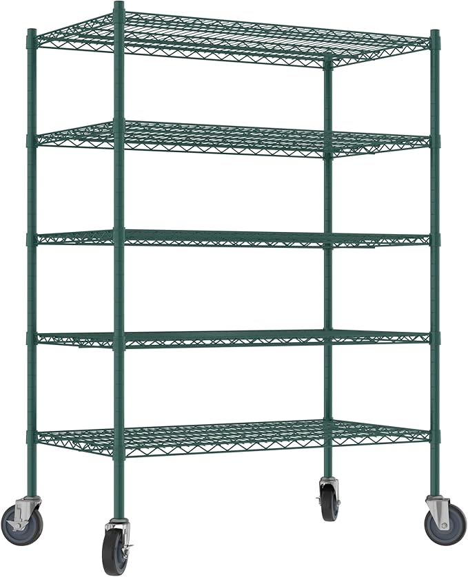 Commercial NSF Listed Green Epoxy Mobile Wire Shelving Kit 24" x 42" x 60", with 5 Shelves Perfect for Warehouse, Walk-in Refrigerator, Freezer, Grocery Store, Restaurant, Dishroom
