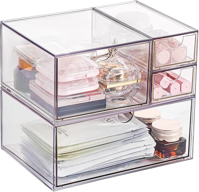 Makeup Drawer Organizer, Desk Drawer Organizer With 4 Drawers, 3 Different Sizes, Suitable For Office Desk, Bathroom, Bedroom, Jewelry, Stationery, Handicraft Storage And Organization, clear