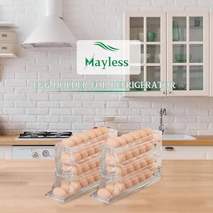 MAYLESS EGG HOLDER FOR FRIDGE, Auto Rolling Fridge Egg Organizer, Egg Rack For Refrigerator. (Clear)
