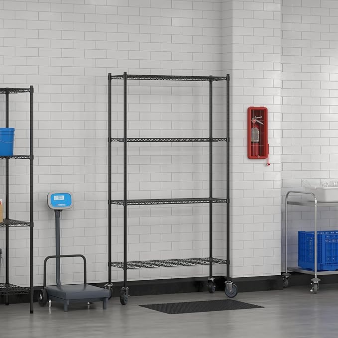 Commercial NSF Listed Black Epoxy Mobile Wire Shelving Kit 14" x 42" x 80", with 4 Shelves Perfect for Warehouse, Walk-in Refrigerator, Freezer, Grocery Store, Restaurant, Dishroom
