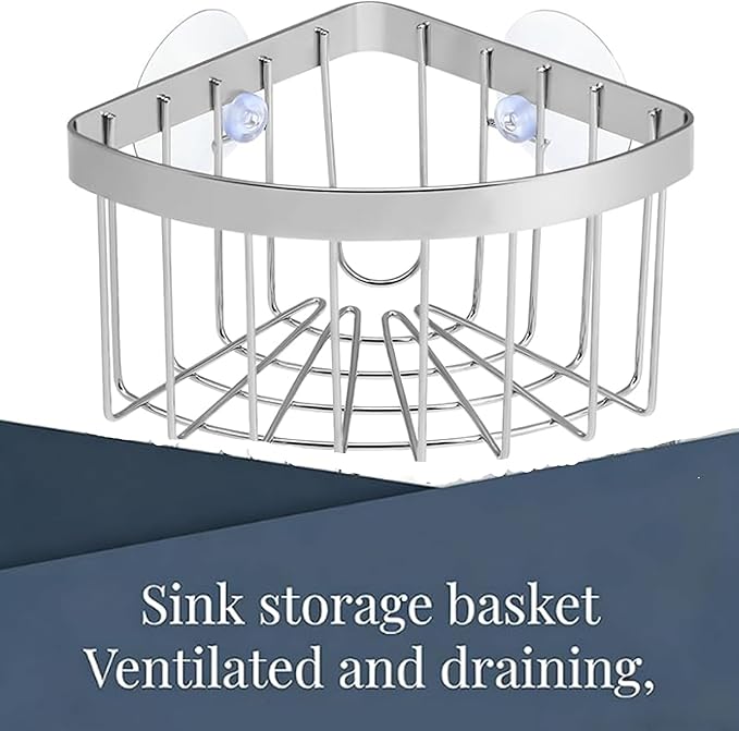 304 Stainless Steel Corner Sink Caddy，Movable Suction Cup Sponge Holder with Strong Suction Cups, Sink Organizer with Soap Dish for Kitchen and Bathroom