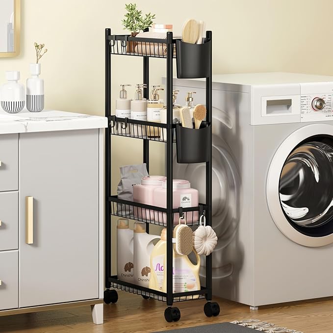 Slim Storage Cart with Wheels, 4 Tier Narrow Rolling Utility Carts, Skinny Metal Bathroom Organizer, Thin Mobile Shelf Unit for Bathroom Kitchen Laundry Room Office Small Spaces, Black