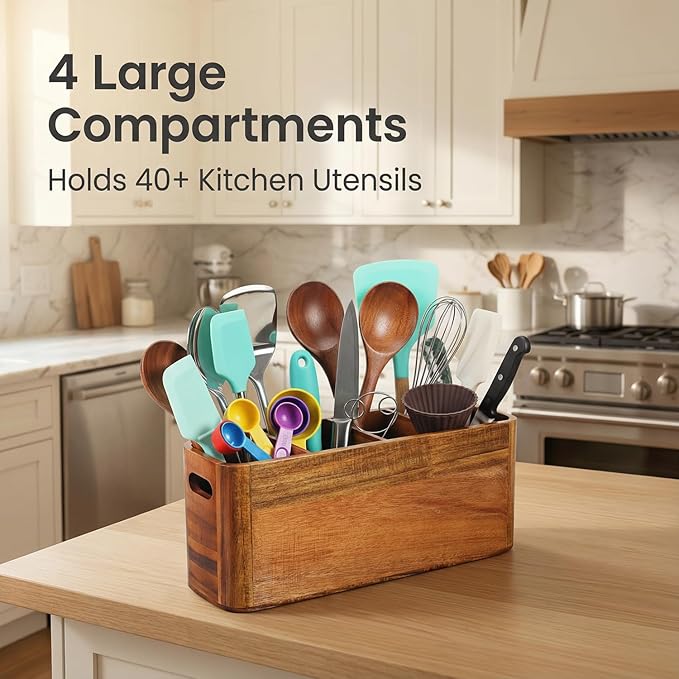 Large Wooden Utensil Holder for Kitchen Countertop - 4 Compartment Acacia Wood Organizer & Utensil Caddy for Cooking Tools, Wall Mountable
