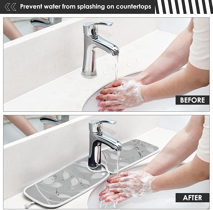 2 PCS Kitchen Sink Splash Guard 23.6 Inch Faucet Mat for Kitchen Sink Bathroom Sink Faucet Absorbing Drip Drain Mat Pad Microfiber Soft Washable Green and Grey Leaves