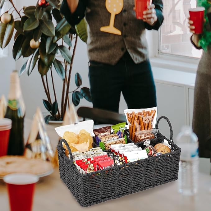 Snack Organizer for Countertop,Wicker Basket Snack Holder with with Handles,4 Compartment Snack Storage Basket for Coffee Station Organizer,Kitchen Pantry Organizers and Storage(Black)