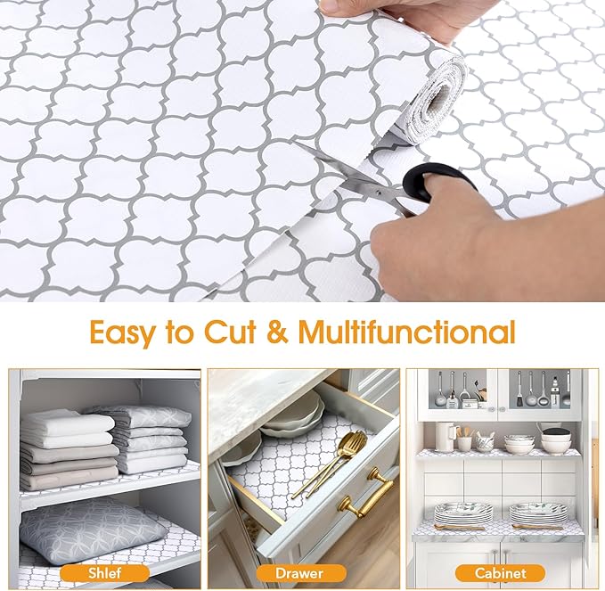 Shinlendid Shelf and Drawer Liner for Kitchen Cabinets Non-Adhesive, Strong Grip Non-Slip Thickened Cabinet Liners for Shelves, Waterproof Mats for Dresser Cupboard, White/Gray, 12 in x 20 Feet