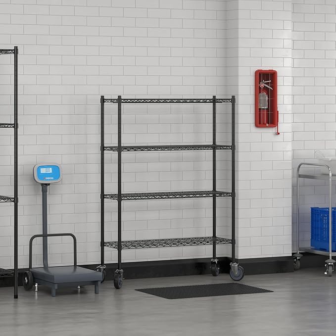 Commercial NSF Listed Black Epoxy Mobile Wire Shelving Kit 14" x 42" x 60", with 4 Shelves Perfect for Warehouse, Walk-in Refrigerator, Freezer, Grocery Store, Restaurant, Dishroom