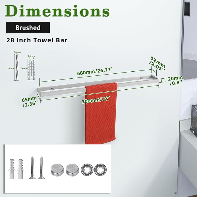 Alise Bath Towel Bar,Wall Mount Towel Holder Towel Rack Towel Hanger for Bathroom Lavatory,28 Inch SUS304 Stainless Steel Towel Rail,Brushed Finish