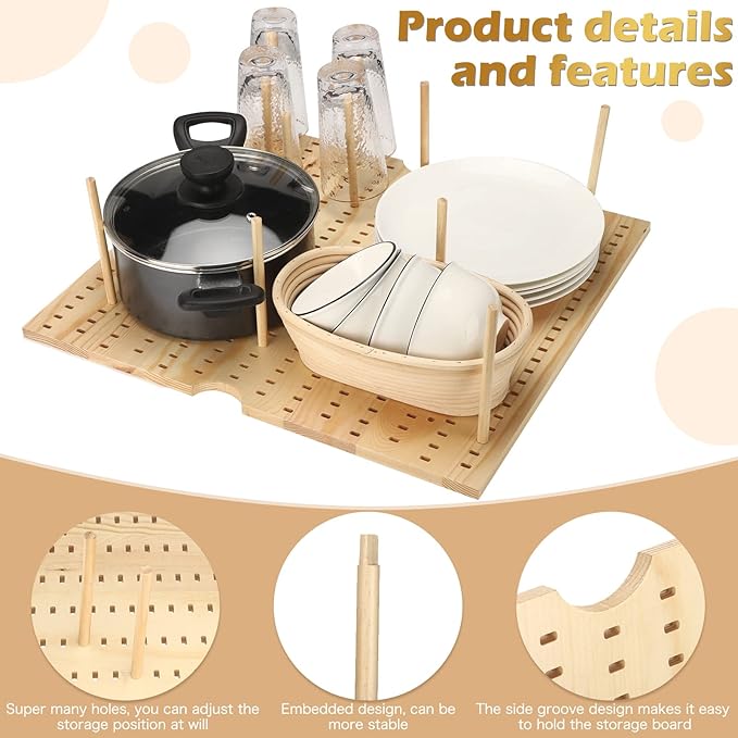 Yookeer 17.7 x 19.7 inches jumbo Wood Pegboard Drawer Organizer with 32 pcs Wooden Peg Adjustable Pegboard Wall Shelf and Drawer Organizer for Dish kitchen Plate Containers Cookware Utensils(2 Set)