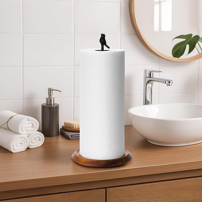 Wood Paper Towel Holder Countertop, Easy Tear Farmhouse Kitchen Towel Holder for Dining Table, Cute Bird Shaped with Anti Slip Weighted Base