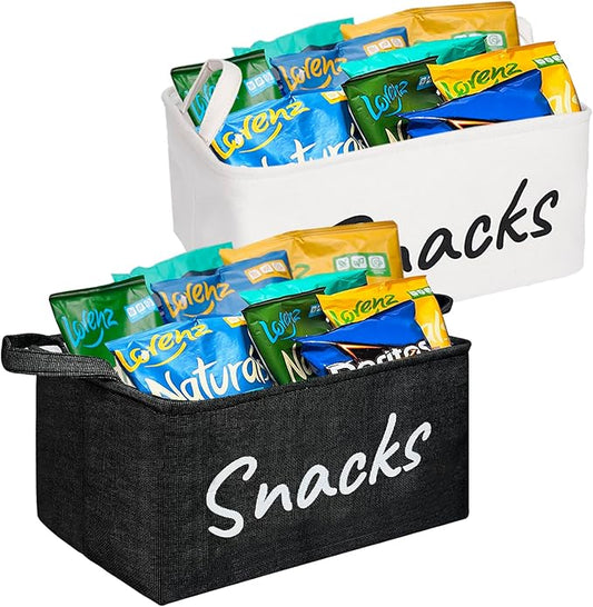2PCS Snack Bin for Pantry - Snack Storage Basket Organizer for Storing Chips, Cookies, Pretzels , Popcorn and more - Kitchen Organization (Black&White)