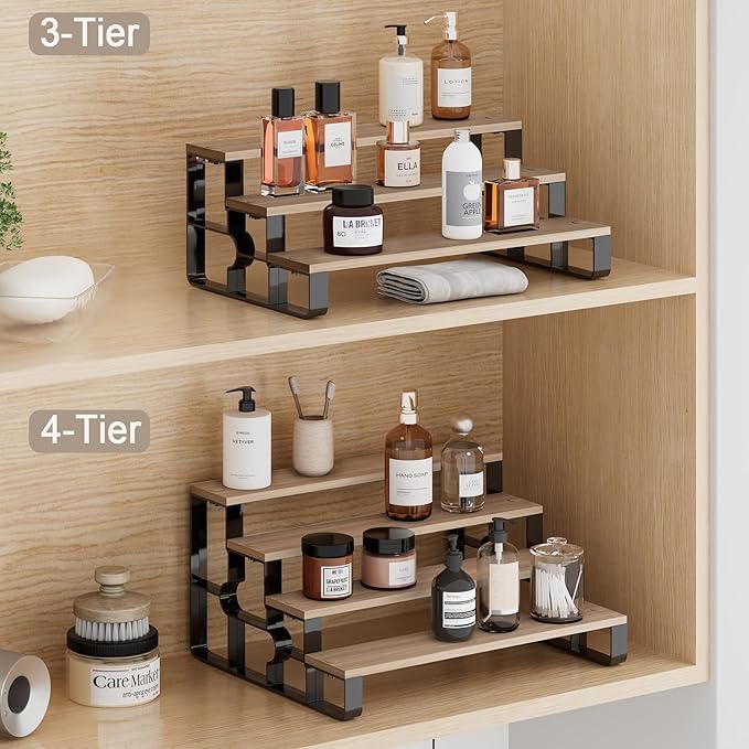 4 Tier Cologne Organizer for Men, Wooden Perfume Organizer Stand, Waterproof Display Shelf Rack for Dresser, Vanity, Figures, Cupcake, Dessert Table(Walnut,Width=11.2")