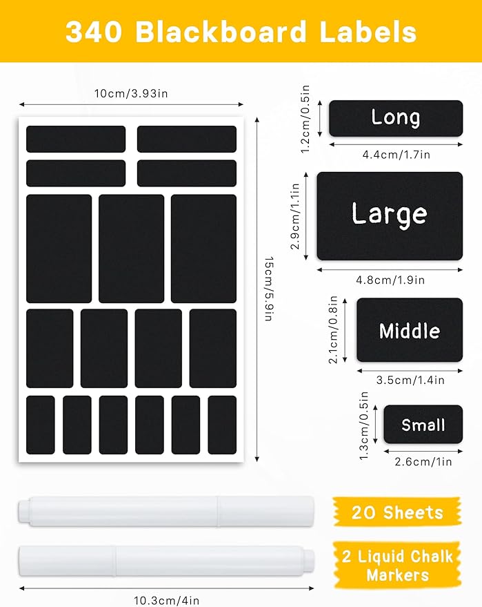 GAUENEEN 340 Pcs Removable Chalkboard Labels, 4 Sizes, Erasable Reusable Labels for Storage Bins, Pantry Label Stickers for Containers, 2 Liquid Chalk Pens Included