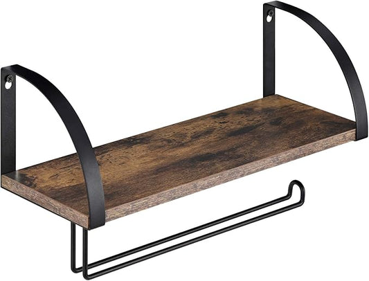 BTY Paper Towel Holder with Shelf, Vintage Farmhouse Wall Mounted Paper Towel Holder Under Cabinet Spice Rack for Kitchen, Bathroom Toilet Paper Dispenser Rustic Brown
