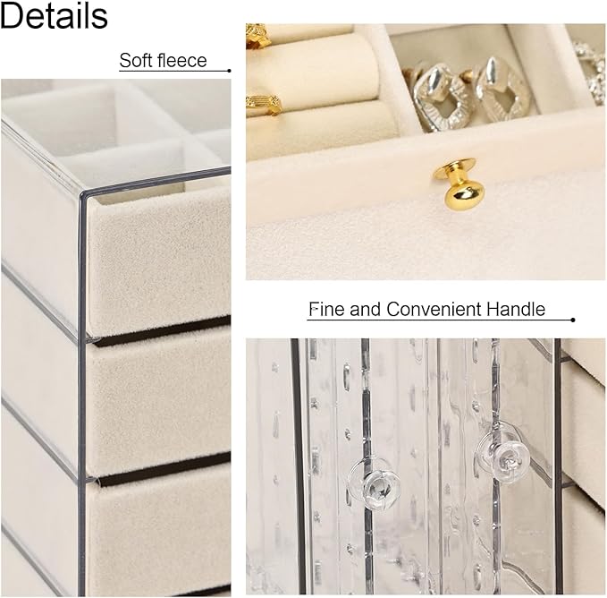 Greenfeather Jewelry Organizer with 7 Removable Drawers, Clear Acrylic Jewelry Box with 16 Necklace Hooks, 48 Pairs of Earring Holes, 5 Velvet-Lined Drawers for Rings, Bracelets, Necklaces,Off-White