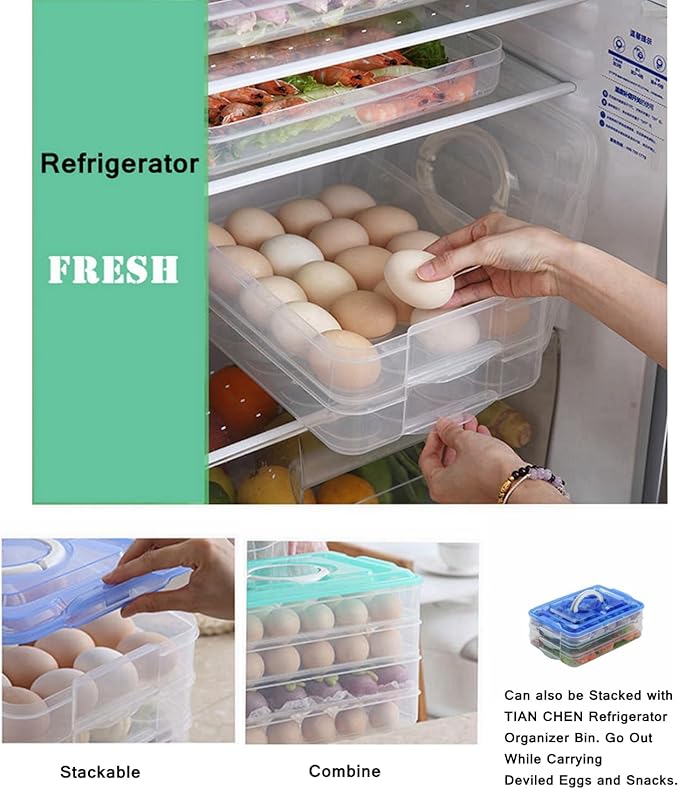 Deviled Egg Tray with Lid, 2-Layer, Stackable Egg Carrier Holder for Refrigerator, Camping Food Storage Container with Handle, Large, 40 eggs (red)