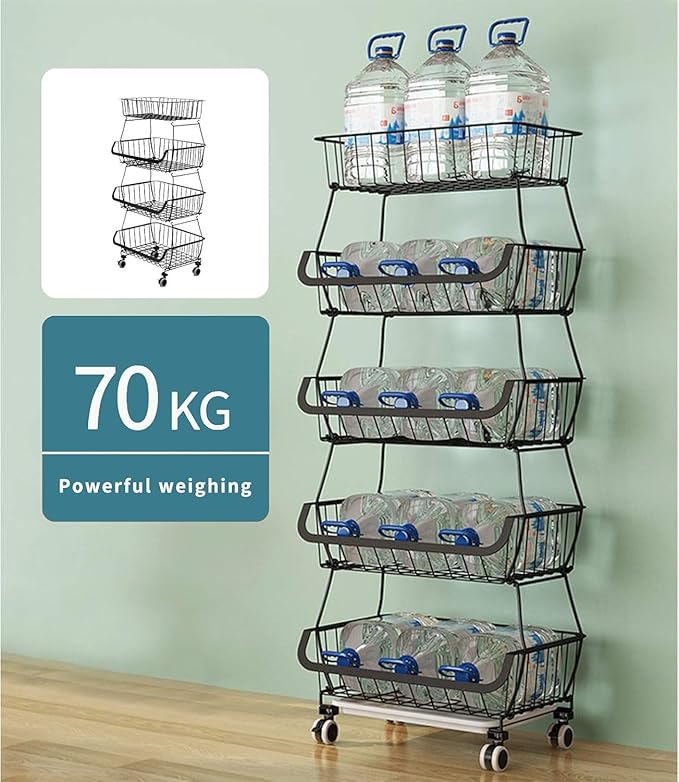 CarolynDesign Kitchen Storage Baskets Black Iron Wire Storage Bins with Wheels and Feet, Stackable Vegetable Storage Baskets (6-Tier Baskets)