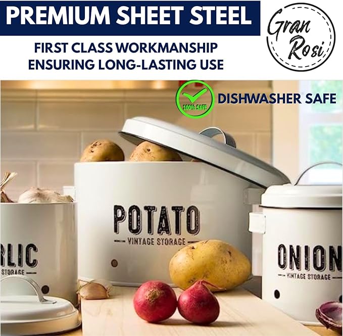 Granrosi Kitchen Vegetable Storage Set for Pantry & Countertop — Set of 3 Kitchen Containers Including Potato Bin, Onion Keeper & Garlic Storage; Rustproof Metal & Aeratic Holes; Farmhouse Style