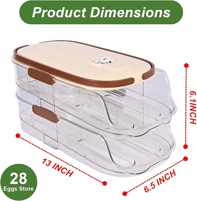 Automatic Rolling Egg Holder for Fridge 2-Layer Stackable Egg Organizer for Refrigerator Clear BPA-Free Egg Container with Lid Large-Capacity Egg Dispenser & Egg Storage Rack Holds 28 Eggs