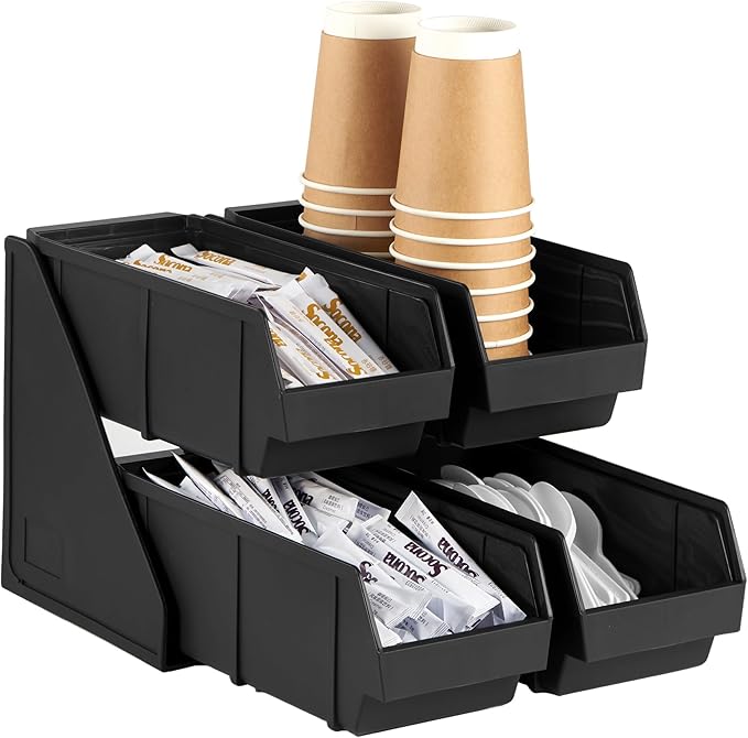 CURTA Black Self Serve Condiment Bin Stand Set, Removable Condiment Organizer with 2-Tier Stand and 4 Condiment Bins, 16" D x11.25 W x 9.5" H, Coffee Bar Beverage Station