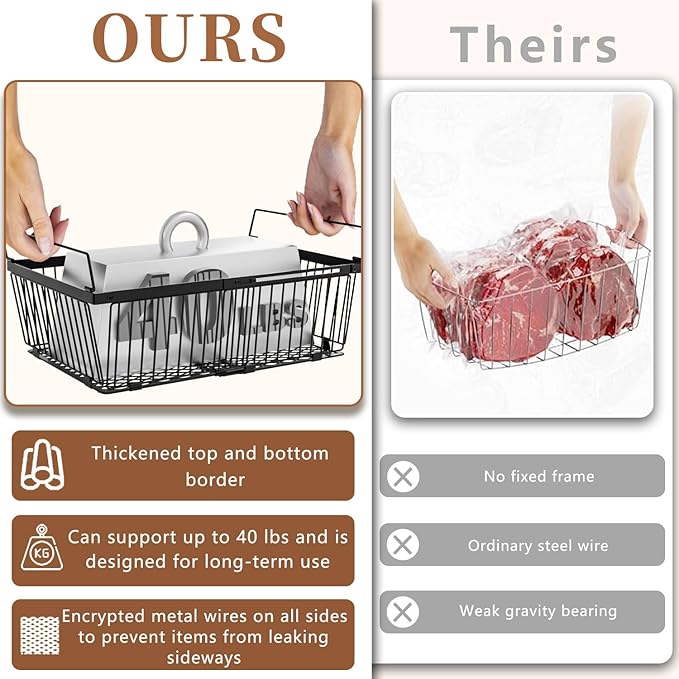 Large Freezer Organizer Bins，Upgraded Bottom Leak-Proof net，2 Pack， Expandable Stackable Chest Freezer Containers with Handle，for Fridge, Deep Freezer, Cabinet, Kitchen, Pantry (Black-6Pack)