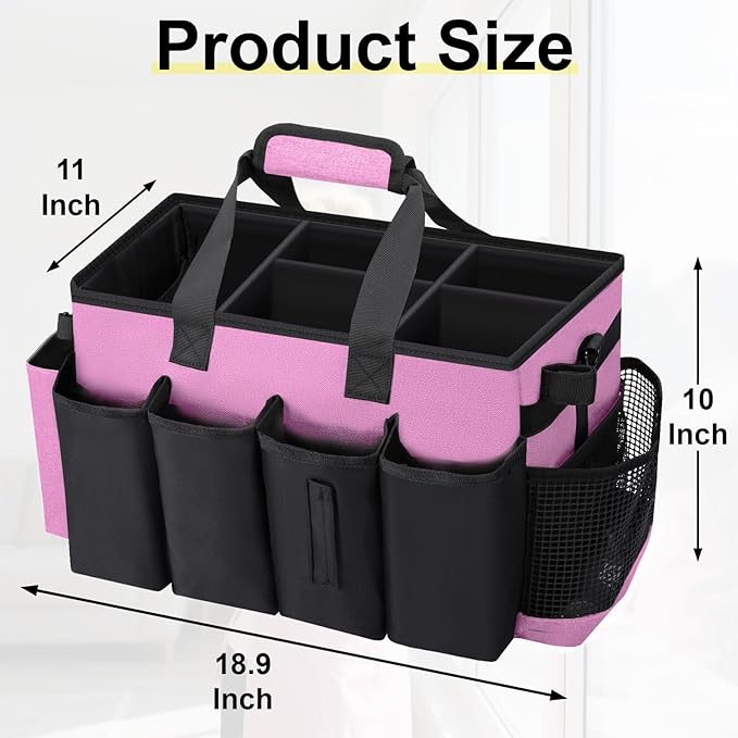 Wigojoy Wearable Large Cleaning Caddy Bag for Housekeeper, Clean Supply Organizer with Adjustable Shoulder, Waist & Handle Straps, Detailing Bag for Kitchen Supplies (Pink)