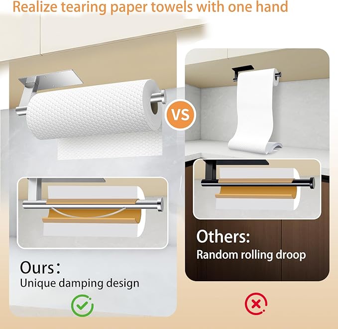 Paper Towel Holder Under Cabinet, Single Hand Operable Tearing Off Paper Towels with Damping Effect, Both Available in Adhesive and Screws, Stainless Steel (Silver)