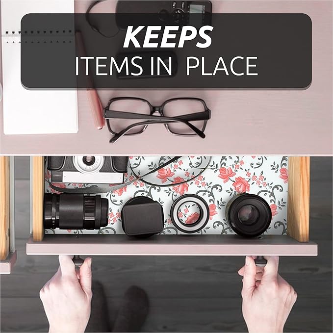 FIFTY FEET 12X120 Inch Shelf Liner for Kitchen Cabinets, PVC Drawer Liner for Dresser Non-Slip Bathroom, Non-Adhesive Cabinet Liner Washable (Red Floral)(6 Roll)