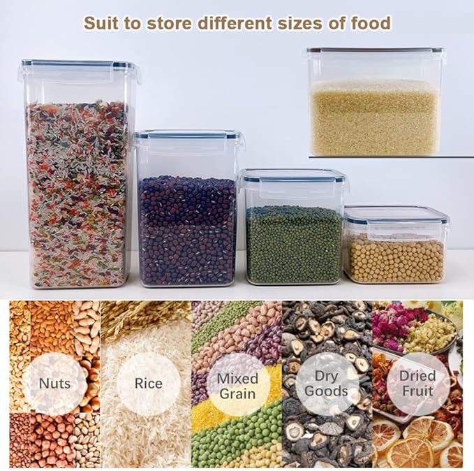 7 Pcs Airtight Food Storage Containers with Lids, Stackable Design Kitchen Canister Set for Cereal Snack Noodle Nut Pasta Flour Rice