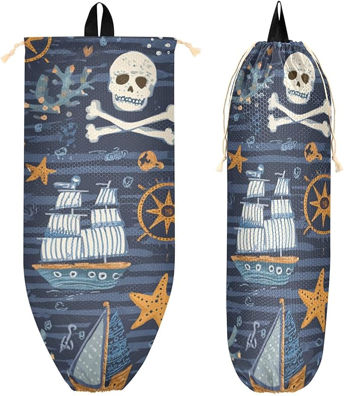 Plastic Bag Holder Wall Mount Grocery Bag Shopping Bag Storage Holder Organizer Dispenser with Adhesive Hook,for Kitchen Bathroom Home Decor 9x22 Inches Blue Pirate Skulls26