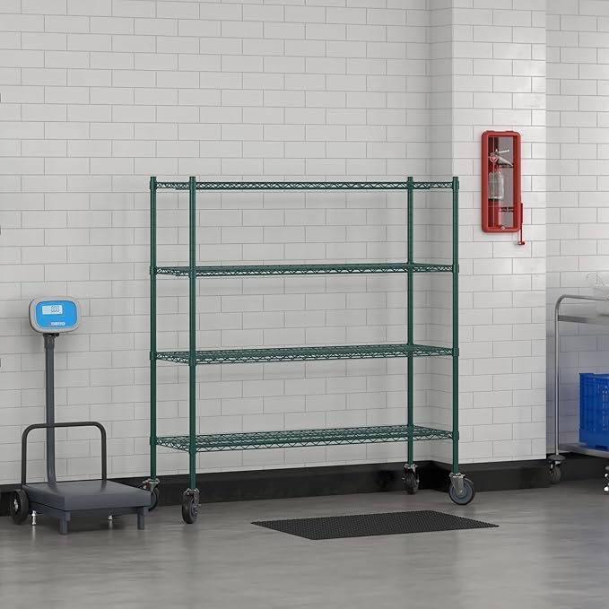 Commercial NSF Listed Green Epoxy Mobile Wire Shelving Kit 18" x 54" x 60", with 4 Shelves Perfect for Warehouse, Walk-in Refrigerator, Freezer, Grocery Store, Restaurant, Dishroom